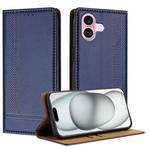 For iPhone 16 Case L-Shaped Grid Pattern Leather Stand Phone Cover with Card Slots - Blue - 1