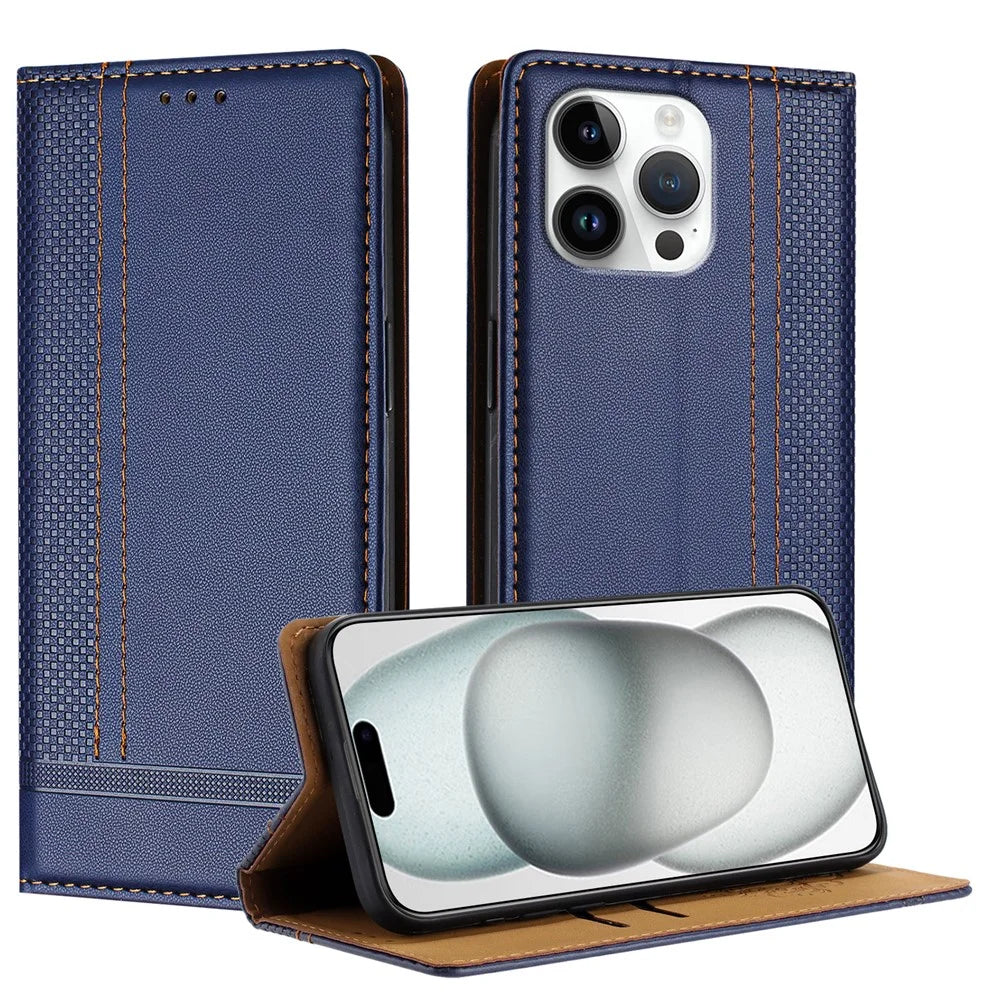 For iPhone 16 Pro Max Case L-Shaped Grid Pattern Leather Stand Phone Cover with Card Slots - Blue - 1