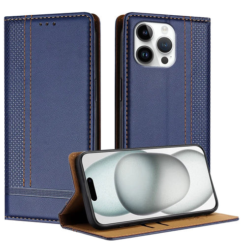 For iPhone 16 Pro Max Case L-Shaped Grid Pattern Leather Stand Phone Cover with Card Slots - Blue - 1