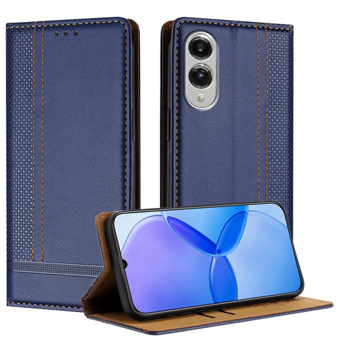 For Samsung Galaxy S25 Edge Case L-Shaped Grid Pattern Leather Stand Phone Cover with Card Slots - Blue - 1