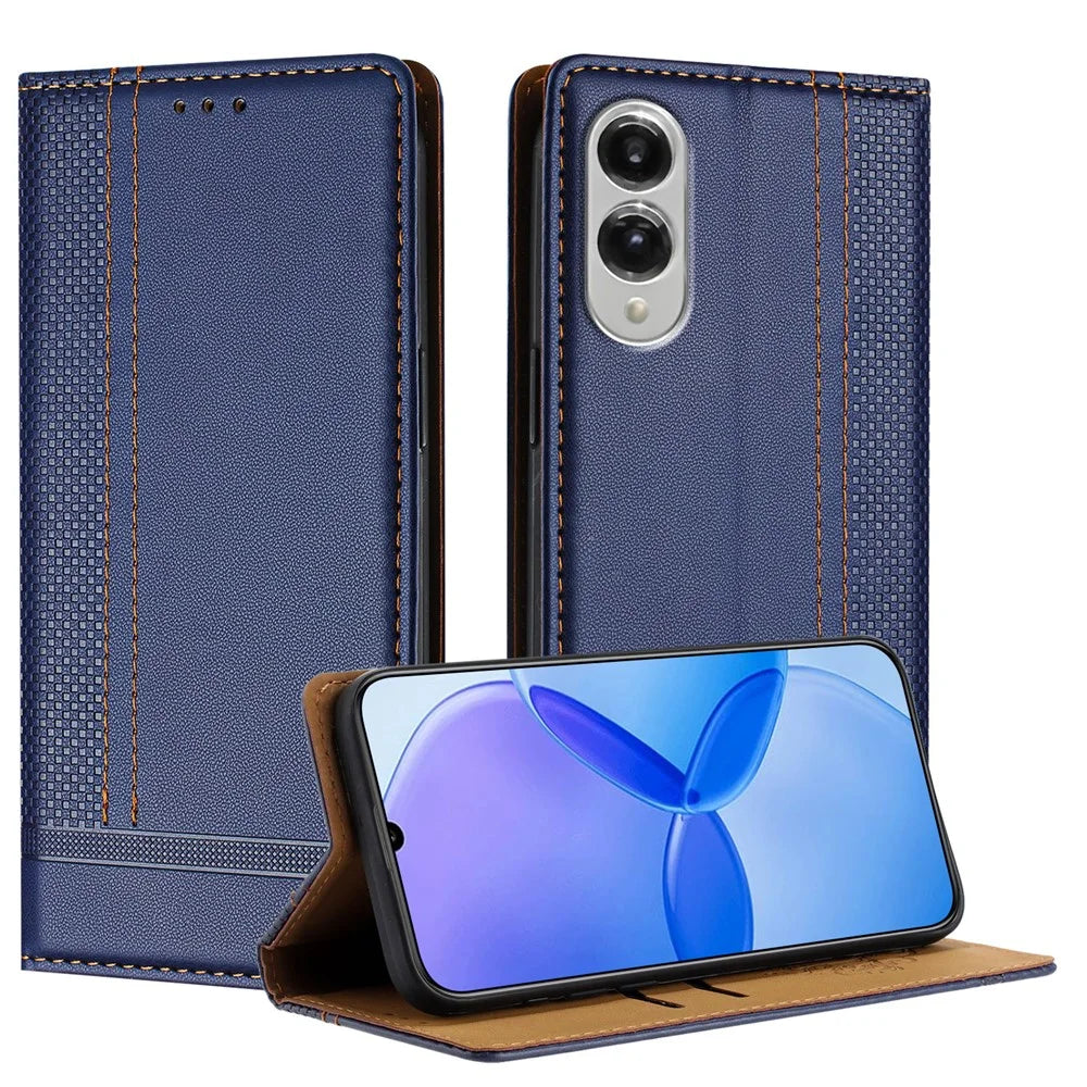 For Samsung Galaxy S25 Edge Case L-Shaped Grid Pattern Leather Stand Phone Cover with Card Slots - Blue - 1