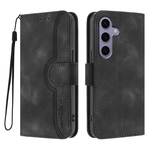 For Samsung Galaxy S24 / Galaxy S25 Leather Case Wallet Stand Smile Imprinted Phone Cover with Strap - Black - 1