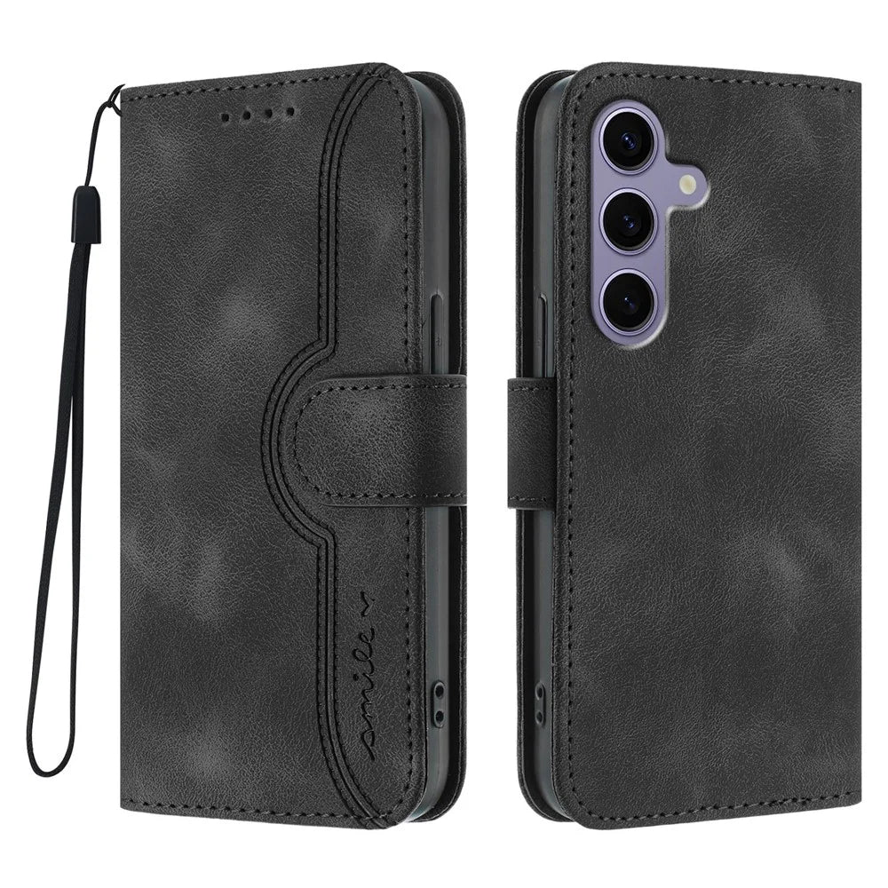 For Samsung Galaxy S24 / Galaxy S25 Leather Case Wallet Stand Smile Imprinted Phone Cover with Strap - Black - 1