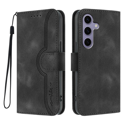For Samsung Galaxy S24 / Galaxy S25 Leather Case Wallet Stand Smile Imprinted Phone Cover with Strap - Black - 1