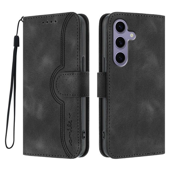 For Samsung Galaxy S24 / Galaxy S25 Leather Case Wallet Stand Smile Imprinted Phone Cover with Strap - Black - 1