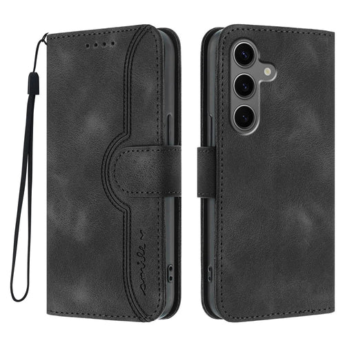 For Samsung Galaxy S25+ / Galaxy S24+ Leather Case Wallet Stand Smile Imprinted Phone Cover with Strap - Black - 1