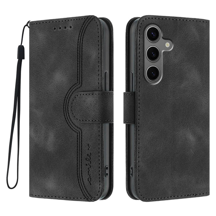 For Samsung Galaxy S25+ / Galaxy S24+ Leather Case Wallet Stand Smile Imprinted Phone Cover with Strap - Black - 1