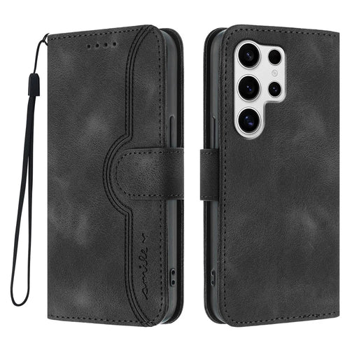 For Samsung Galaxy S25 Ultra Leather Case Wallet Stand Smile Imprinted Phone Cover with Strap - Black - 1