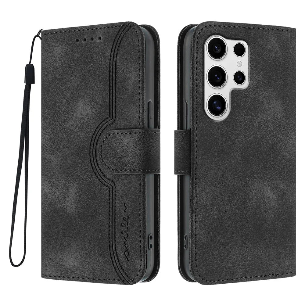 For Samsung Galaxy S25 Ultra Leather Case Wallet Stand Smile Imprinted Phone Cover with Strap - Black - 1