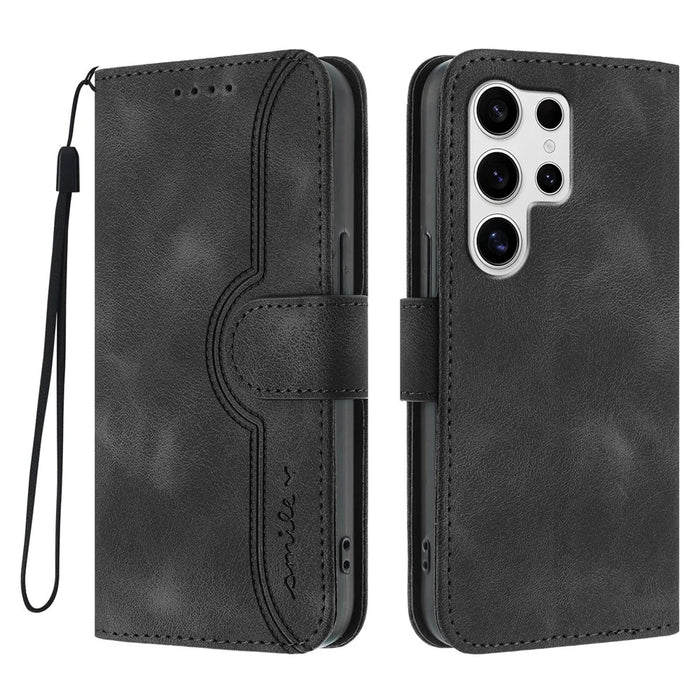 For Samsung Galaxy S25 Ultra Leather Case Wallet Stand Smile Imprinted Phone Cover with Strap - Black - 1