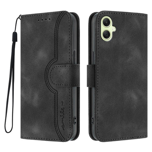 For Samsung Galaxy A06 5G / Galaxy A06 4G Leather Case Wallet Stand Smile Imprinted Phone Cover with Strap - Black - 1
