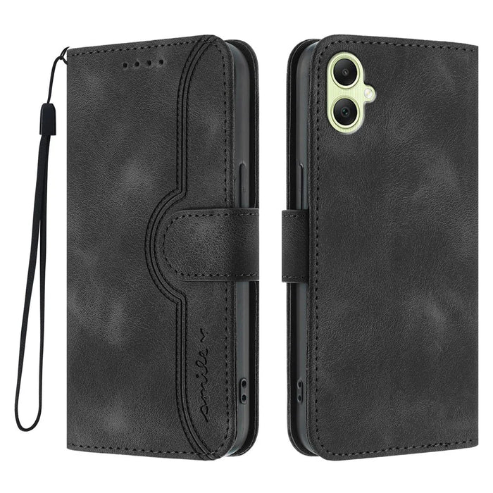 For Samsung Galaxy A06 5G / Galaxy A06 4G Leather Case Wallet Stand Smile Imprinted Phone Cover with Strap - Black - 1