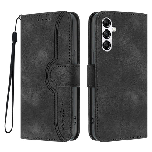 For Samsung Galaxy A14 4G / Galaxy A14 5G Leather Case Wallet Stand Smile Imprinted Phone Cover with Strap - Black - 1