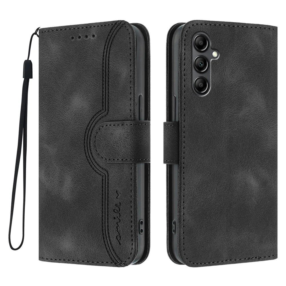 For Samsung Galaxy A15 5G / Galaxy A15 4G Leather Case Wallet Stand Smile Imprinted Phone Cover with Strap - Black - 1