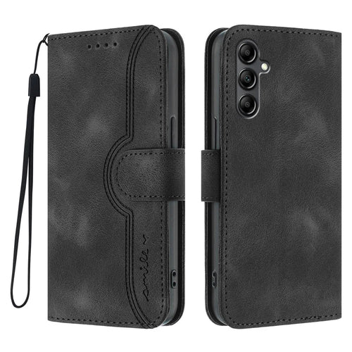For Samsung Galaxy A15 5G / Galaxy A15 4G Leather Case Wallet Stand Smile Imprinted Phone Cover with Strap - Black - 1