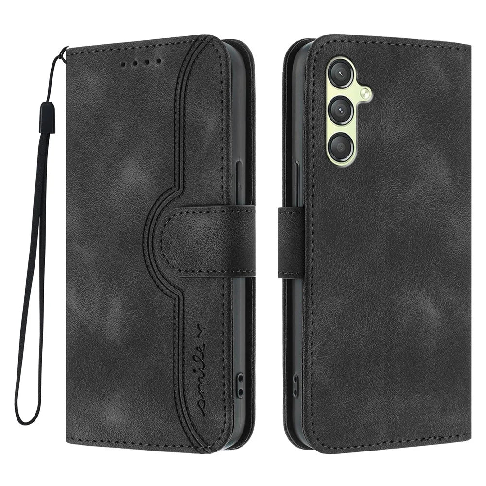 For Samsung Galaxy A24 4G (162.1 x 77.6 x 8.3mm) Leather Case Wallet Stand Smile Imprinted Phone Cover with Strap - Black - 1