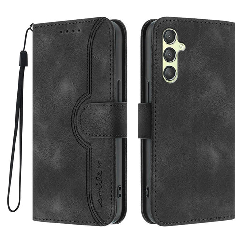 For Samsung Galaxy A24 4G (162.1 x 77.6 x 8.3mm) Leather Case Wallet Stand Smile Imprinted Phone Cover with Strap - Black - 1
