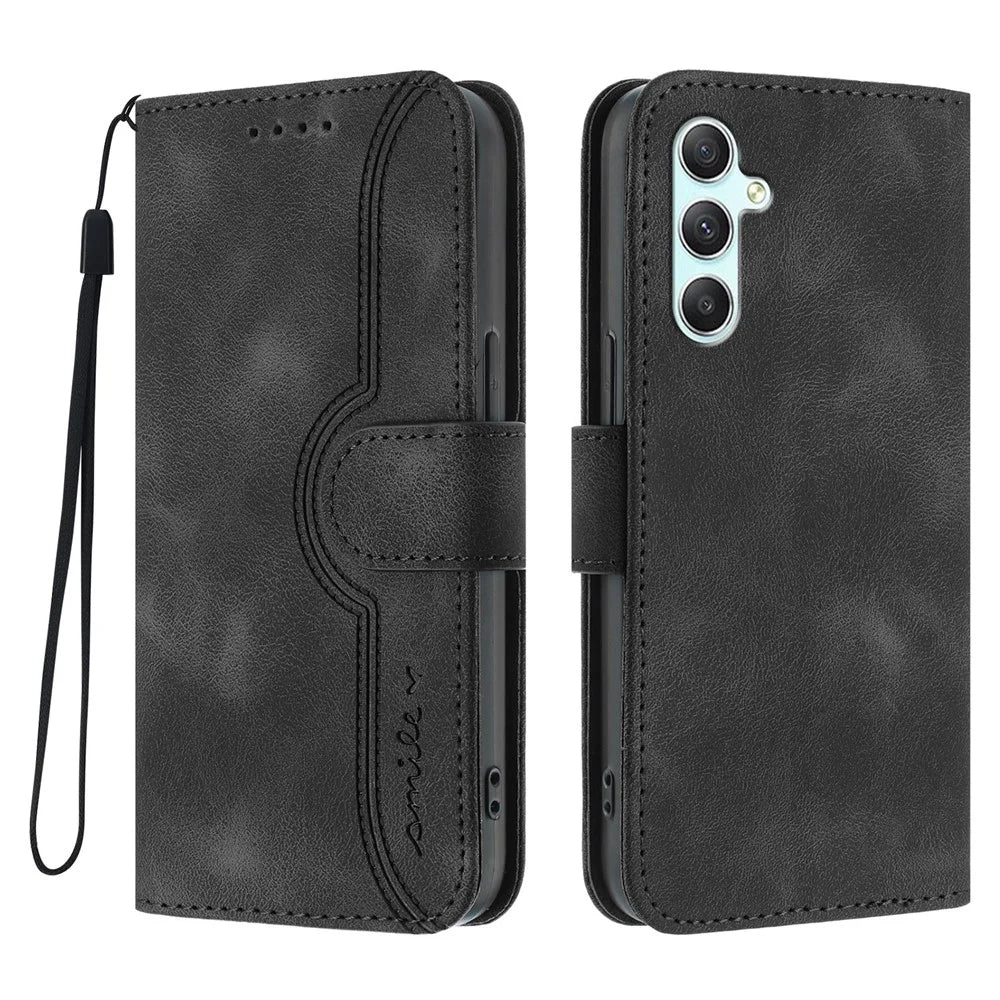 For Samsung Galaxy A34 5G Leather Case Wallet Stand Smile Imprinted Phone Cover with Strap - Black - 1