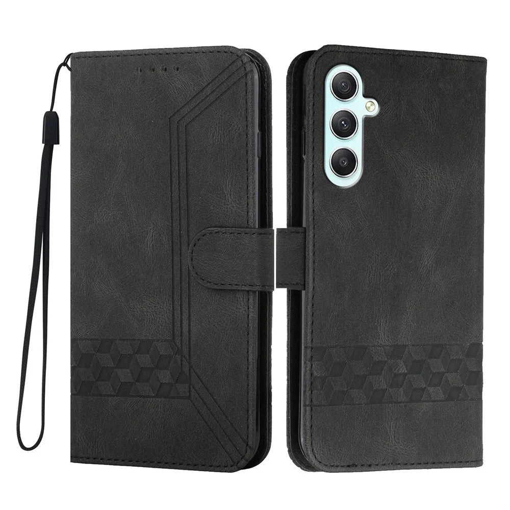 For Samsung Galaxy A35 5G Leather Case Wallet Stand Smile Imprinted Phone Cover with Strap - Black - 1