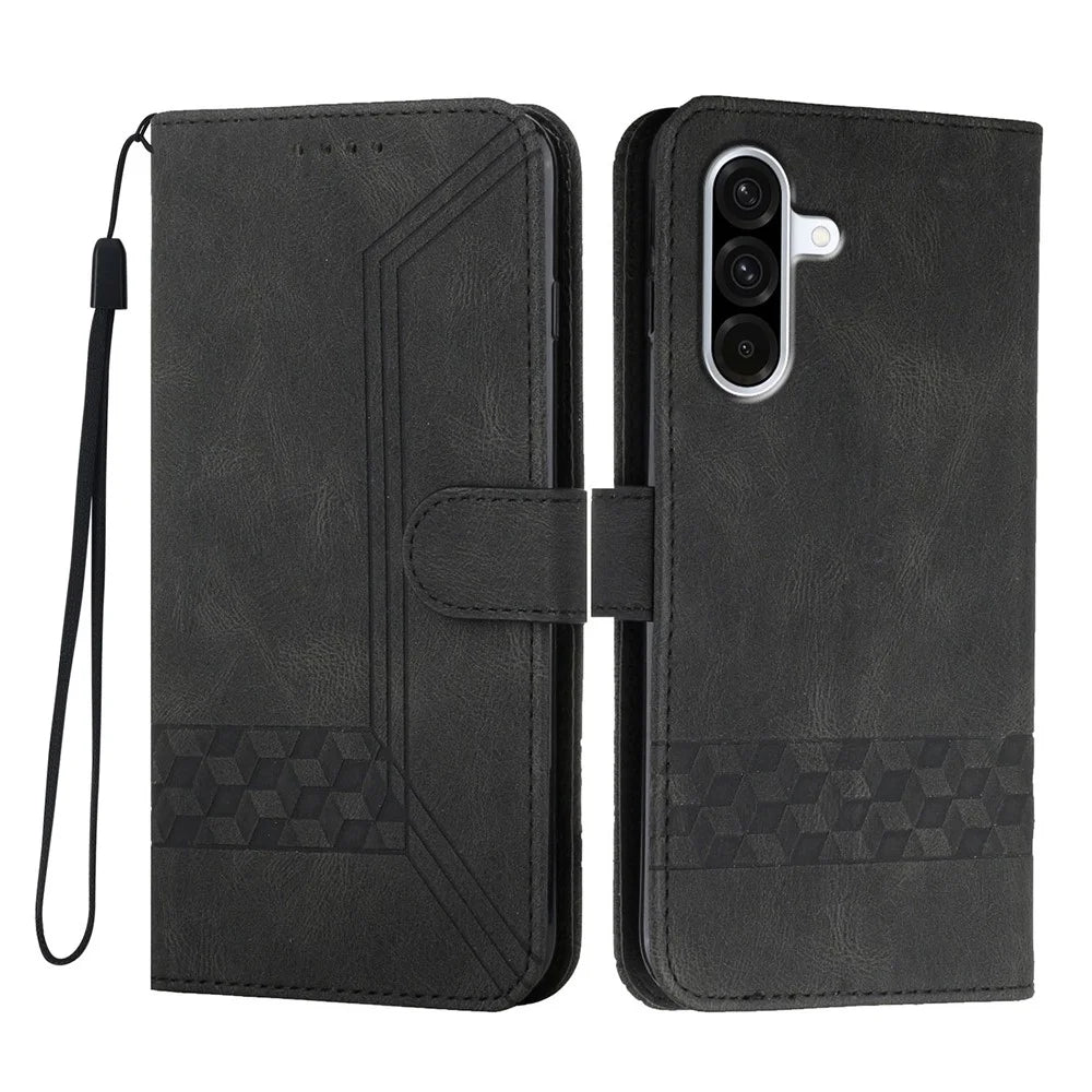 For Samsung Galaxy A36 5G Leather Case Wallet Stand Smile Imprinted Phone Cover with Strap - Black - 1