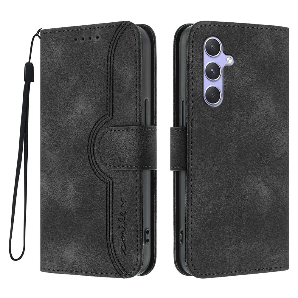 For Samsung Galaxy A54 5G Leather Case Wallet Stand Smile Imprinted Phone Cover with Strap - Black - 1