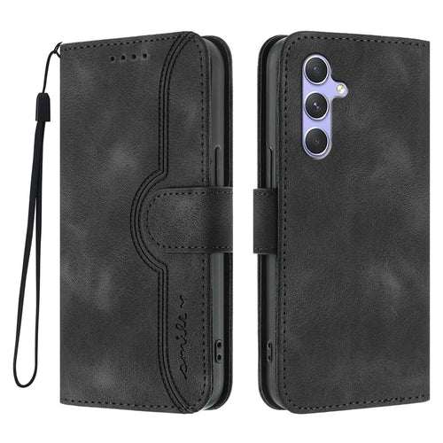 For Samsung Galaxy A54 5G Leather Case Wallet Stand Smile Imprinted Phone Cover with Strap - Black - 1