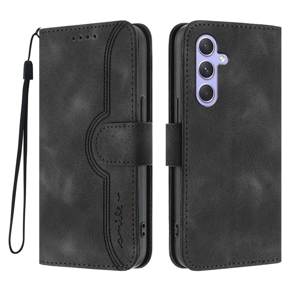 For Samsung Galaxy A55 5G Leather Case Wallet Stand Smile Imprinted Phone Cover with Strap - Black - 1