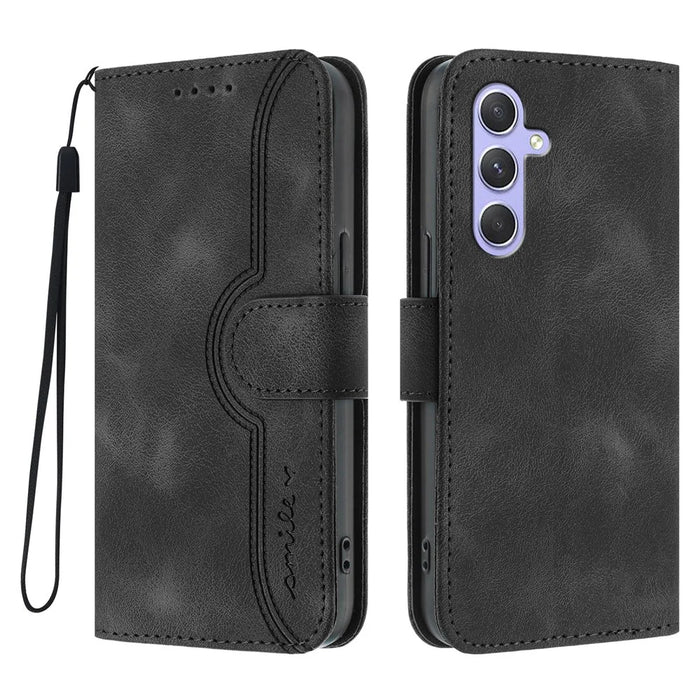 For Samsung Galaxy A55 5G Leather Case Wallet Stand Smile Imprinted Phone Cover with Strap - Black - 1