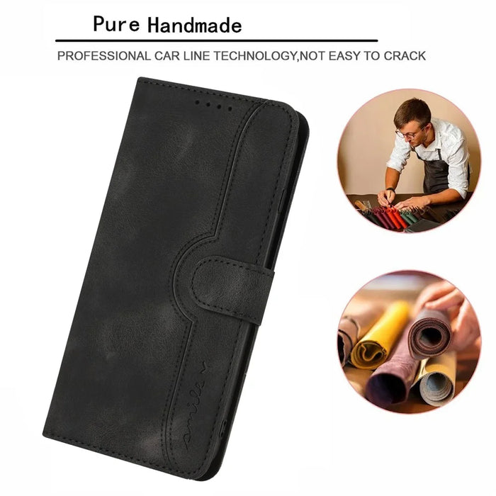 For Samsung Galaxy A55 5G Leather Case Wallet Stand Smile Imprinted Phone Cover with Strap - Black - 5
