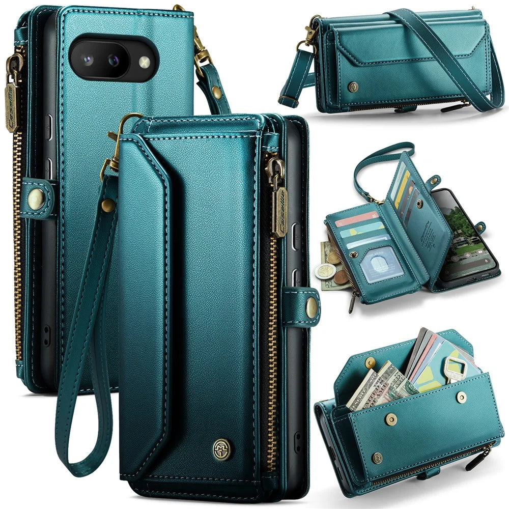 CASEME For Google Pixel 9a Leather Case  C36 Zipper Multiple Card Slots Phone Cover with Straps - Green - 1