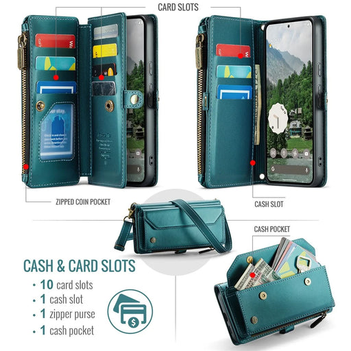 CASEME For Google Pixel 9a Leather Case  C36 Zipper Multiple Card Slots Phone Cover with Straps - Green - 2