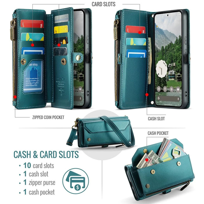 CASEME For Google Pixel 9a Leather Case  C36 Zipper Multiple Card Slots Phone Cover with Straps - Green - 2
