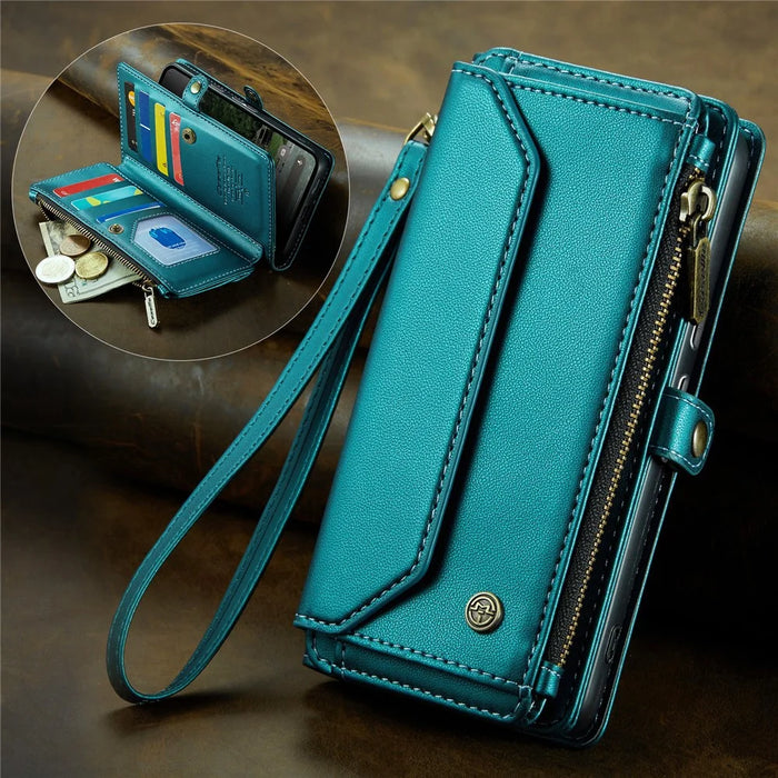 CASEME For Google Pixel 9a Leather Case  C36 Zipper Multiple Card Slots Phone Cover with Straps - Green - 4