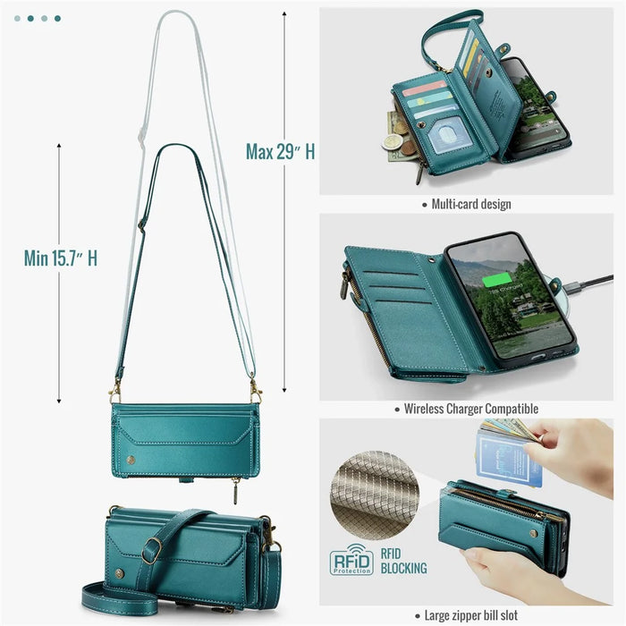 CASEME For Google Pixel 9a Leather Case  C36 Zipper Multiple Card Slots Phone Cover with Straps - Green - 5
