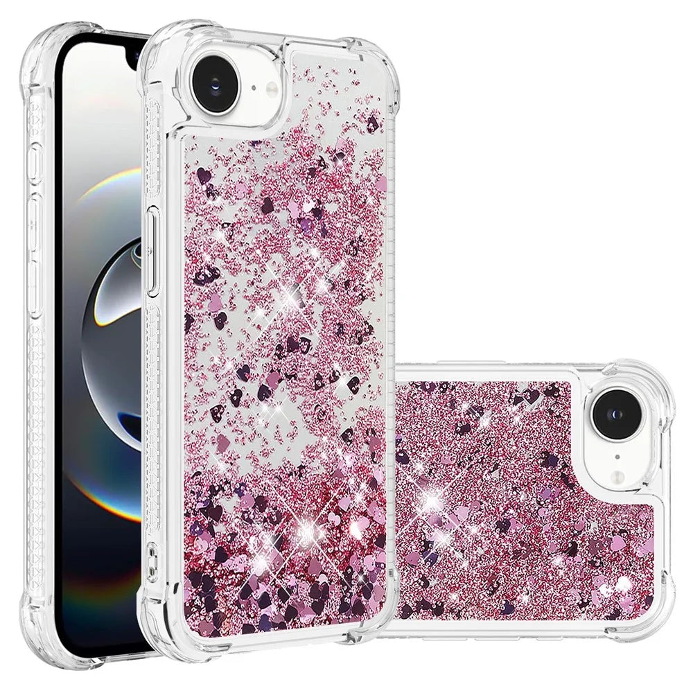 For iPhone 17e / 16e TPU Case Glitter Quicksand Shockproof Phone Back Cover - Rose Gold / Hearts - 1