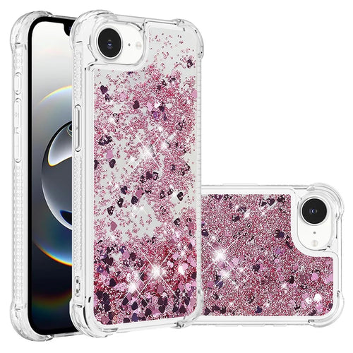 For iPhone 17e / 16e TPU Case Glitter Quicksand Shockproof Phone Back Cover - Rose Gold / Hearts - 1