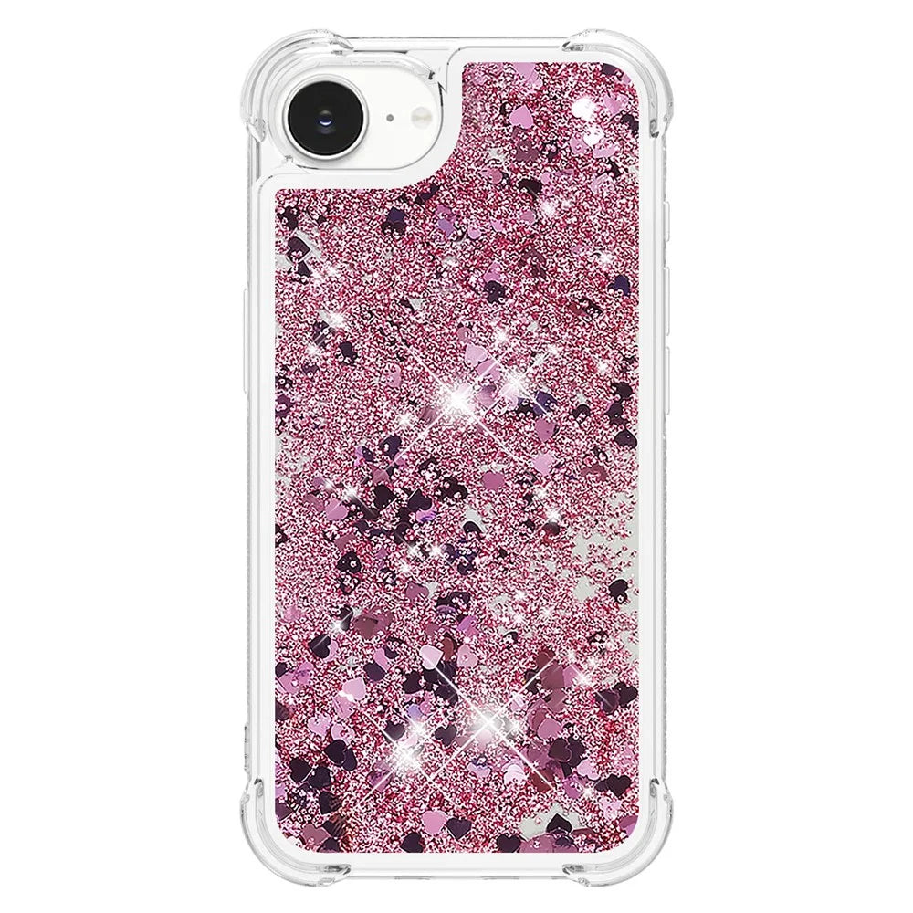 For iPhone 17e / 16e TPU Case Glitter Quicksand Shockproof Phone Back Cover - Rose Gold / Hearts - 2