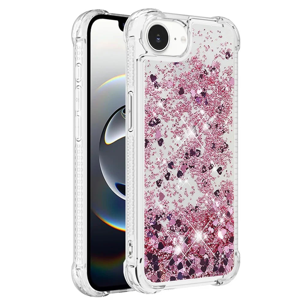For iPhone 17e / 16e TPU Case Glitter Quicksand Shockproof Phone Back Cover - Rose Gold / Hearts - 3