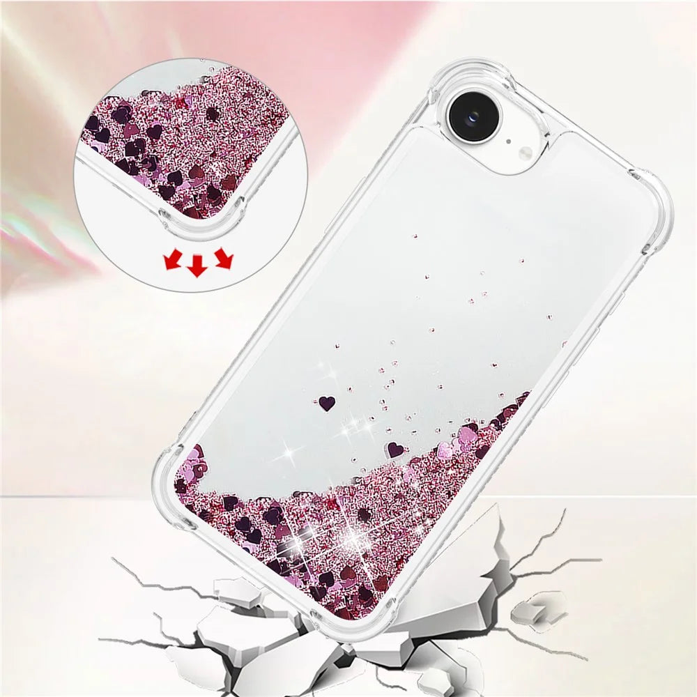For iPhone 17e / 16e TPU Case Glitter Quicksand Shockproof Phone Back Cover - Rose Gold / Hearts - 4