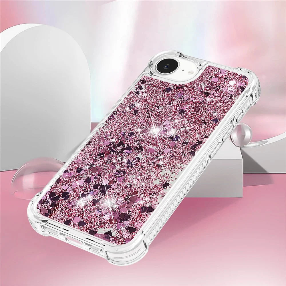 For iPhone 17e / 16e TPU Case Glitter Quicksand Shockproof Phone Back Cover - Rose Gold / Hearts - 5