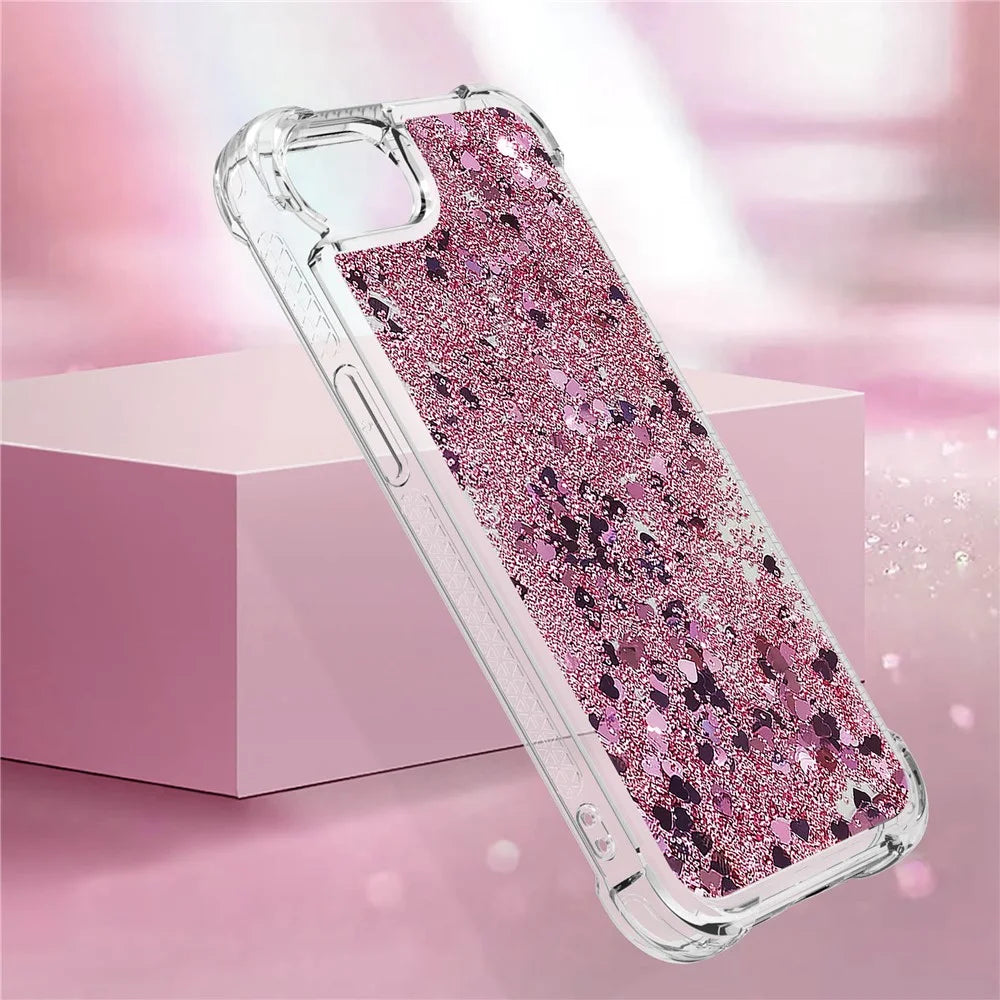 For iPhone 17e / 16e TPU Case Glitter Quicksand Shockproof Phone Back Cover - Rose Gold / Hearts - 6