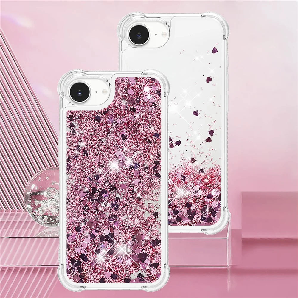 For iPhone 17e / 16e TPU Case Glitter Quicksand Shockproof Phone Back Cover - Rose Gold / Hearts - 7