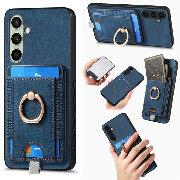 For Samsung Galaxy A26 5G Magnetic Case PU Leather Back Cover with Detachable Card Holder - Blue - 1