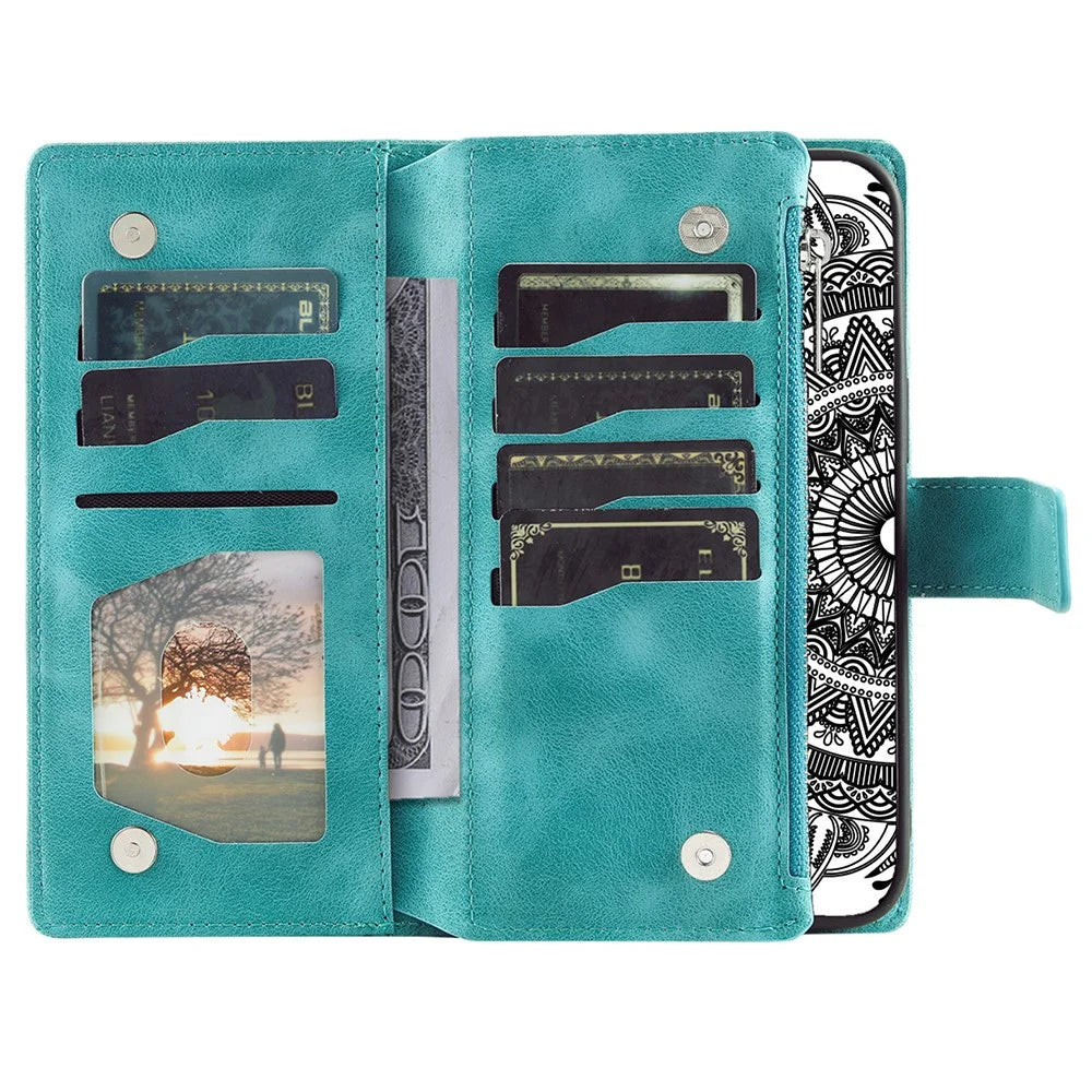 Style 006 For Google Pixel 10 Pro / 10 / 9 Pro / 9 Wallet Case PU Leather Phone Cover Mandala Flower Pattern - Mint Green - 2