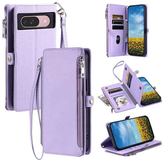 For Google Pixel 10 Pro / 10 / 9 Pro / 9 Case TPU + PU Leather Wallet Phone Cover with Wrist Strap - Purple - 1