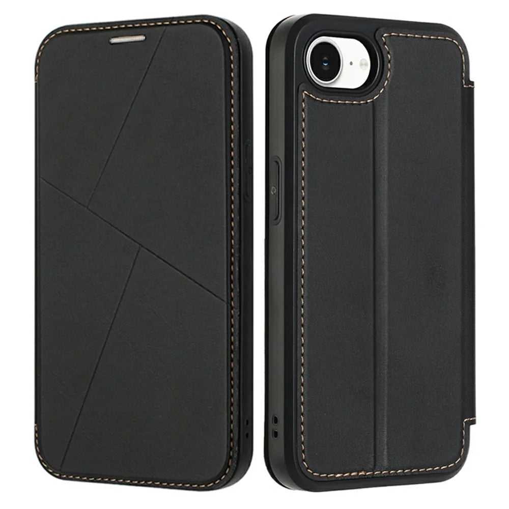 For iPhone 17e / 16e Case Magnetic Closure Card Slot Leather Flip Phone Cover - Black - 1