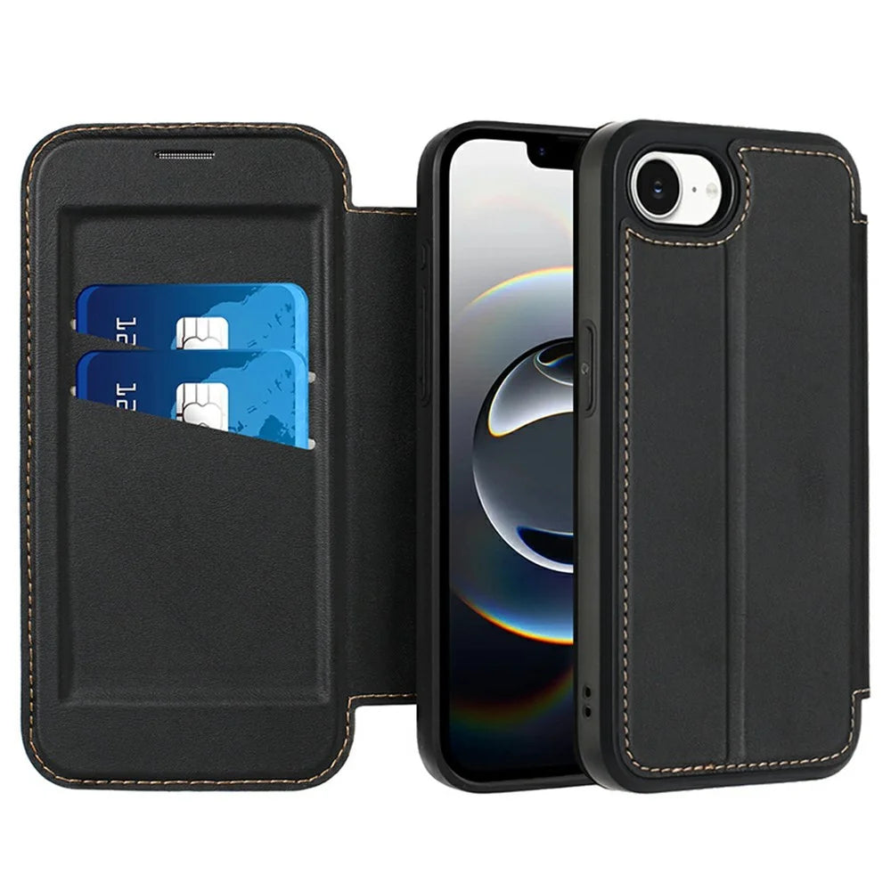 For iPhone 17e / 16e Case Magnetic Closure Card Slot Leather Flip Phone Cover - Black - 2