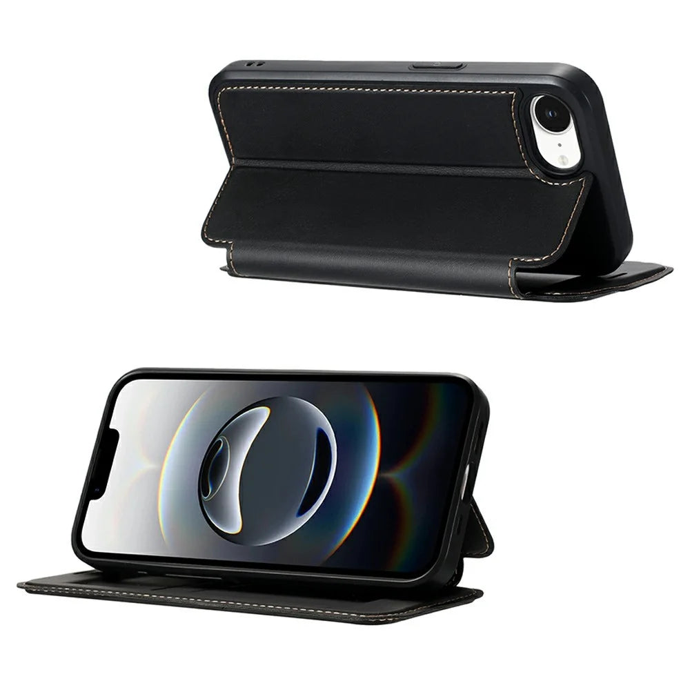 For iPhone 17e / 16e Case Magnetic Closure Card Slot Leather Flip Phone Cover - Black - 3