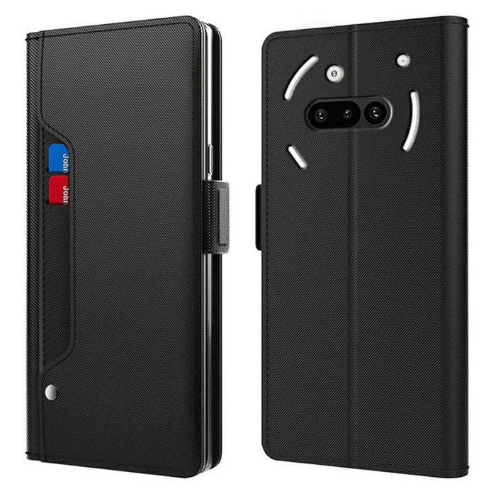 For Nothing Phone (3a) Case Stand PU Leather Phone Cover Card Holder Mirror - Black - 1
