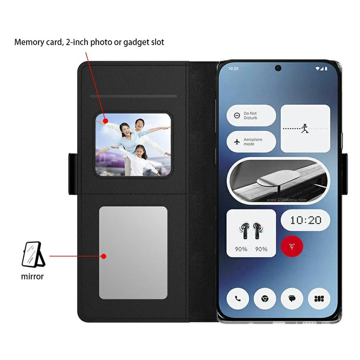 For Nothing Phone (3a) Case Stand PU Leather Phone Cover Card Holder Mirror - Black - 3